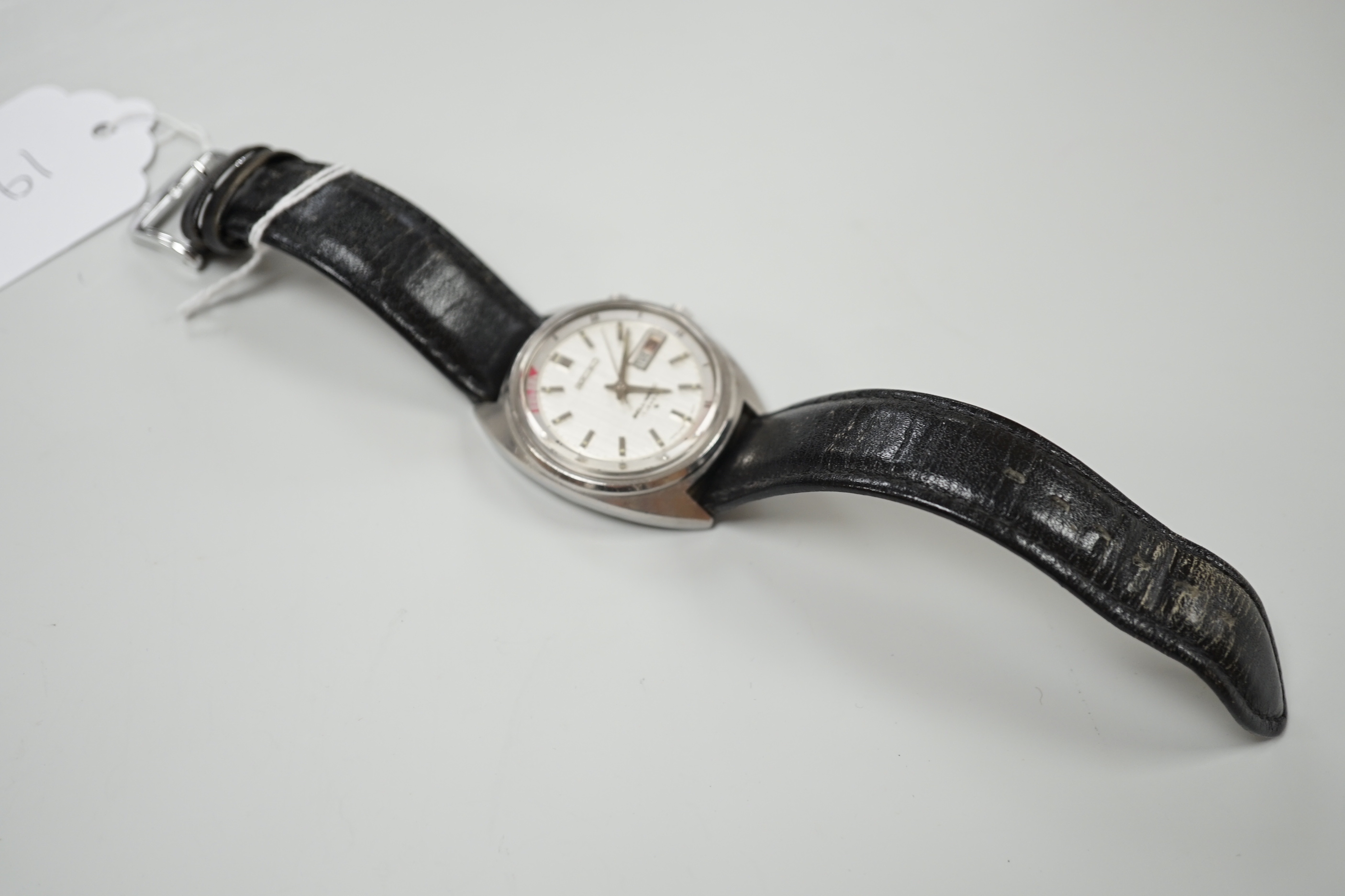 A gentleman's stainless steel Seiko Bell-Matic wrist watch, on leather strap, with Seiko box.